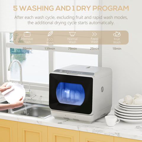 Compact white homcom tabletop dishwasher with black front panel blue light bowl rack drain hose clamp included
