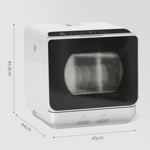 Homcom silver tone mini countertop dishwasher with transparent door panel bowl rack drain hose clamp and touch control