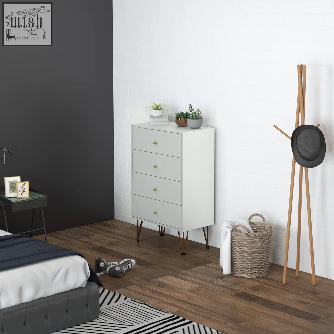 White dresser with clean white design, gold-tone knobs, and hairpin-shaped metal legs for modern bedroom storage