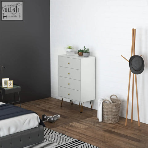 White dresser with clean white design, gold-tone knobs, and hairpin-shaped metal legs for modern bedroom storage