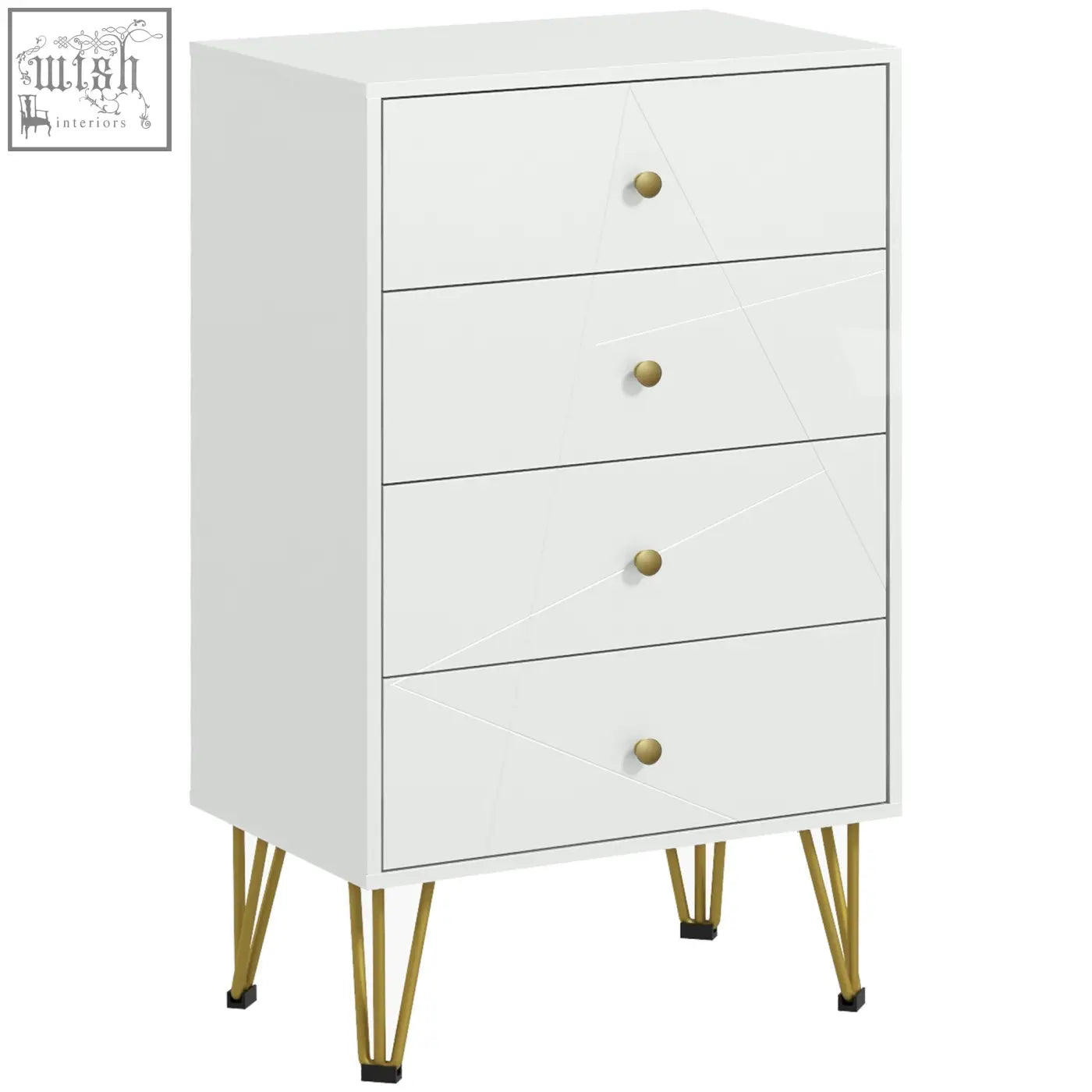 Homcom tall chest of drawers with clean white design, four gold-tone knobs, and slender hairpin-shaped metal legs