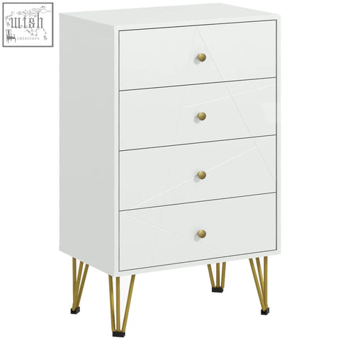 Homcom tall chest of drawers with clean white design, four gold-tone knobs, and slender hairpin-shaped metal legs