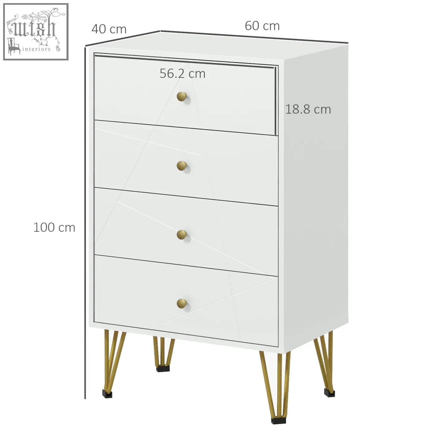 White dresser with four drawers gold-tone knobs and slender hairpin-shaped metal legs in clean white design