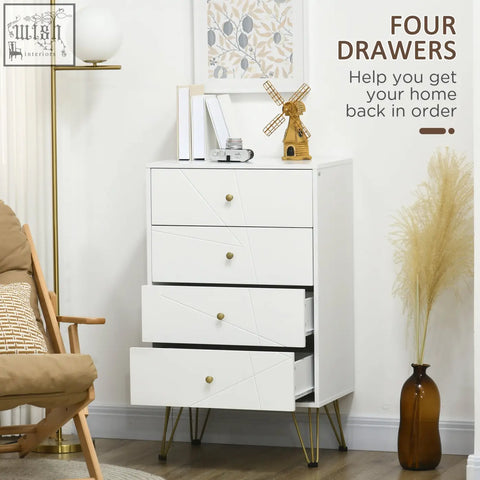White dresser with clean white design gold-tone geometric accents and hairpin-shaped metal legs for modern storage