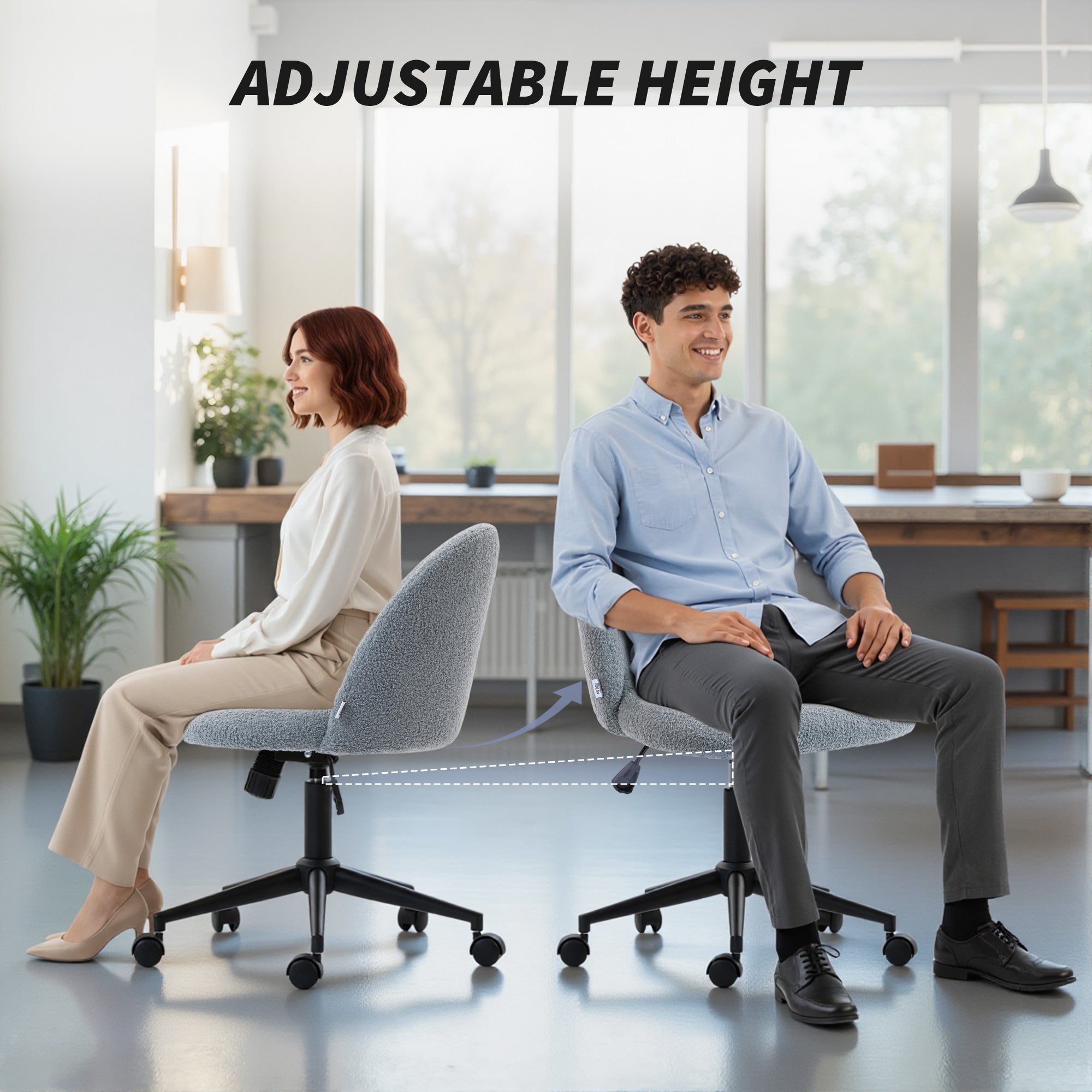 Adjustable-height teddy fleece office chair with grey teddy fleece fabric upholstery and black metal base with wheels
