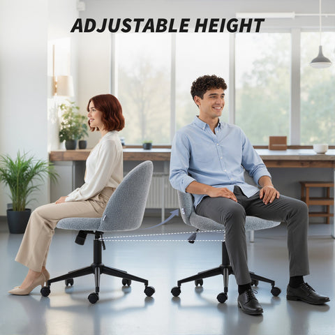 Adjustable-height teddy fleece office chair with grey teddy fleece fabric upholstery and black metal base with wheels