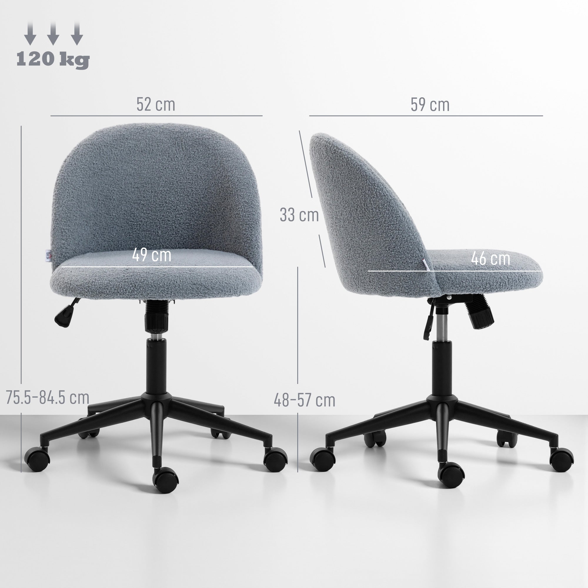 Gray homcom teddy fleece office chair with wheels featuring soft teddy fleece fabric and black metal base with casters