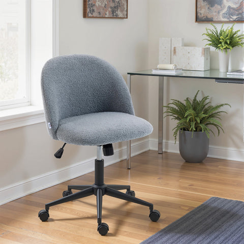 Gray fuzzy teddy fleece office chair with black metal base and wheels perfect for home or office use