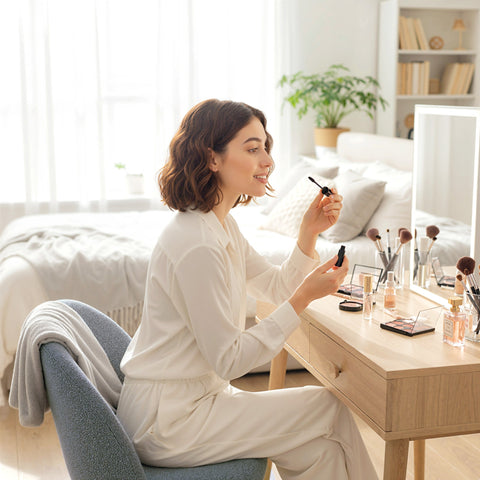 Woman in white applying mascara sitting on grey teddy fleece office chair with wheels by homcom
