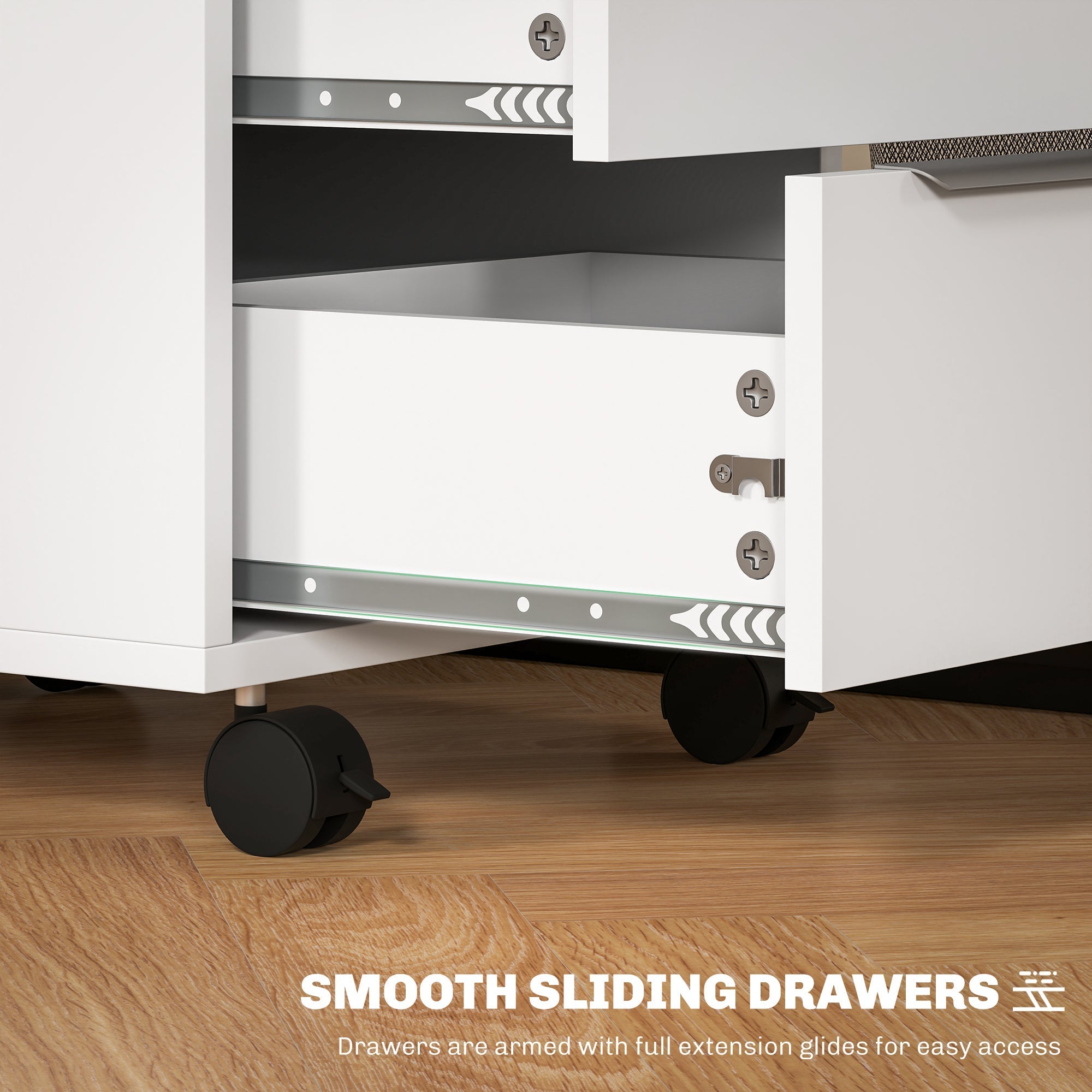 White homcom three-drawer locking filing cabinet with black caster wheels and silver sliding drawer glides for home office
