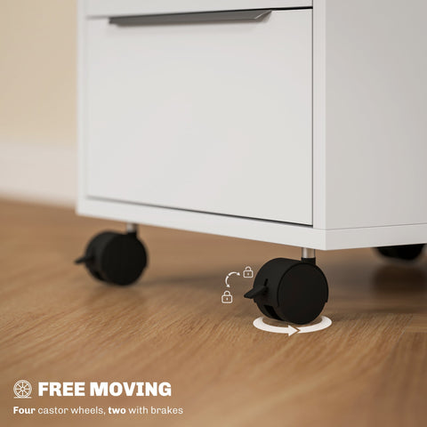 Homcom three-drawer locking filing cabinet in white particle board with black castor wheels for home office use