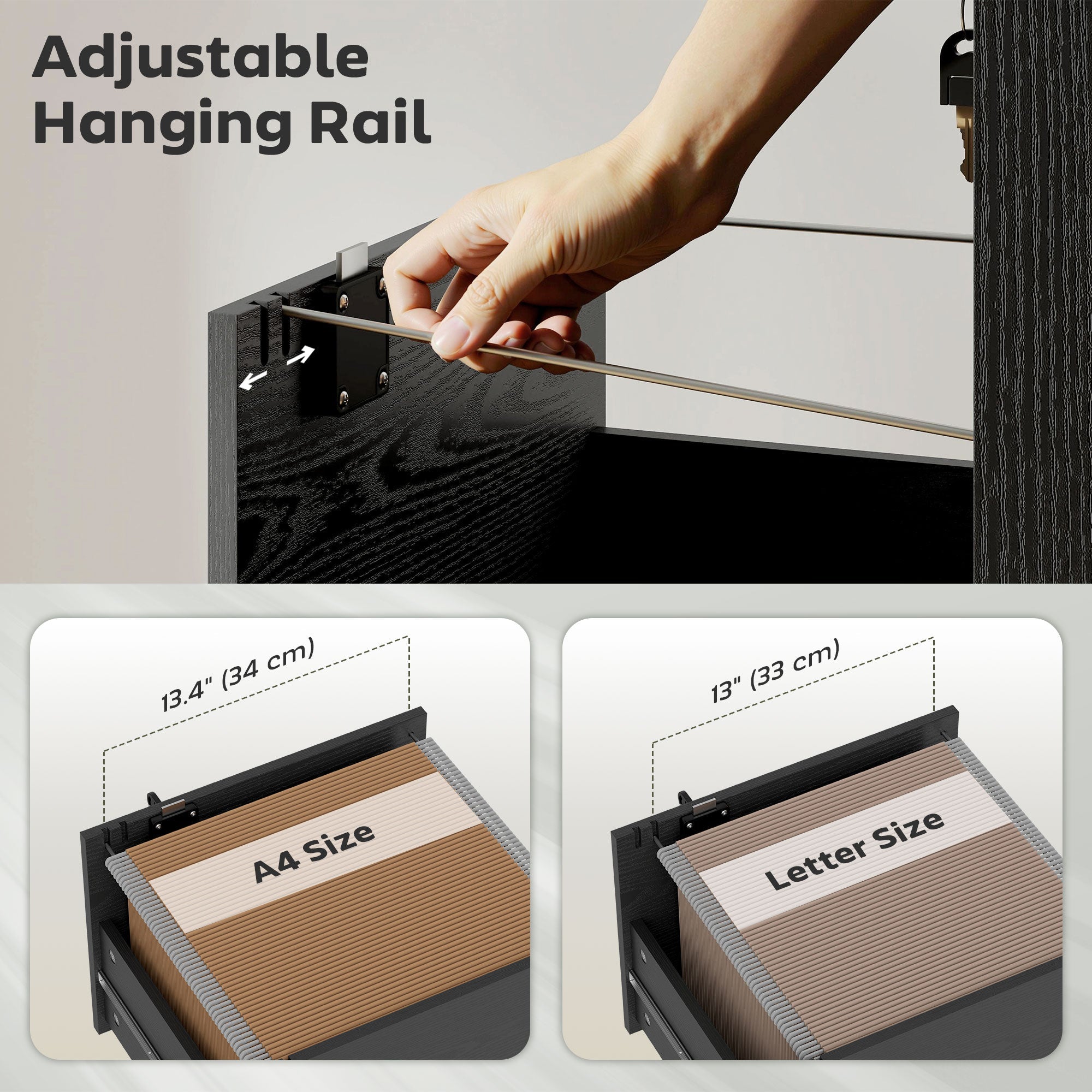 Black homcom filing cabinet with three drawers includes adjustable hanging rail for a4 and letter size documents