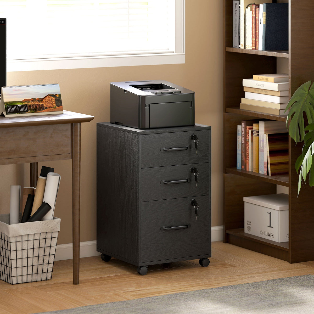 Black homcom three drawer wood-effect filing cabinet with two small file drawers locks and casters for mobility