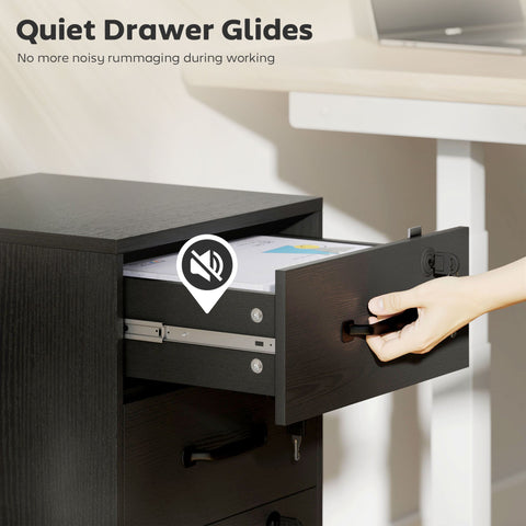 Black homcom filing cabinet with wood-effect finish, three drawers including two small file drawers and quiet glides