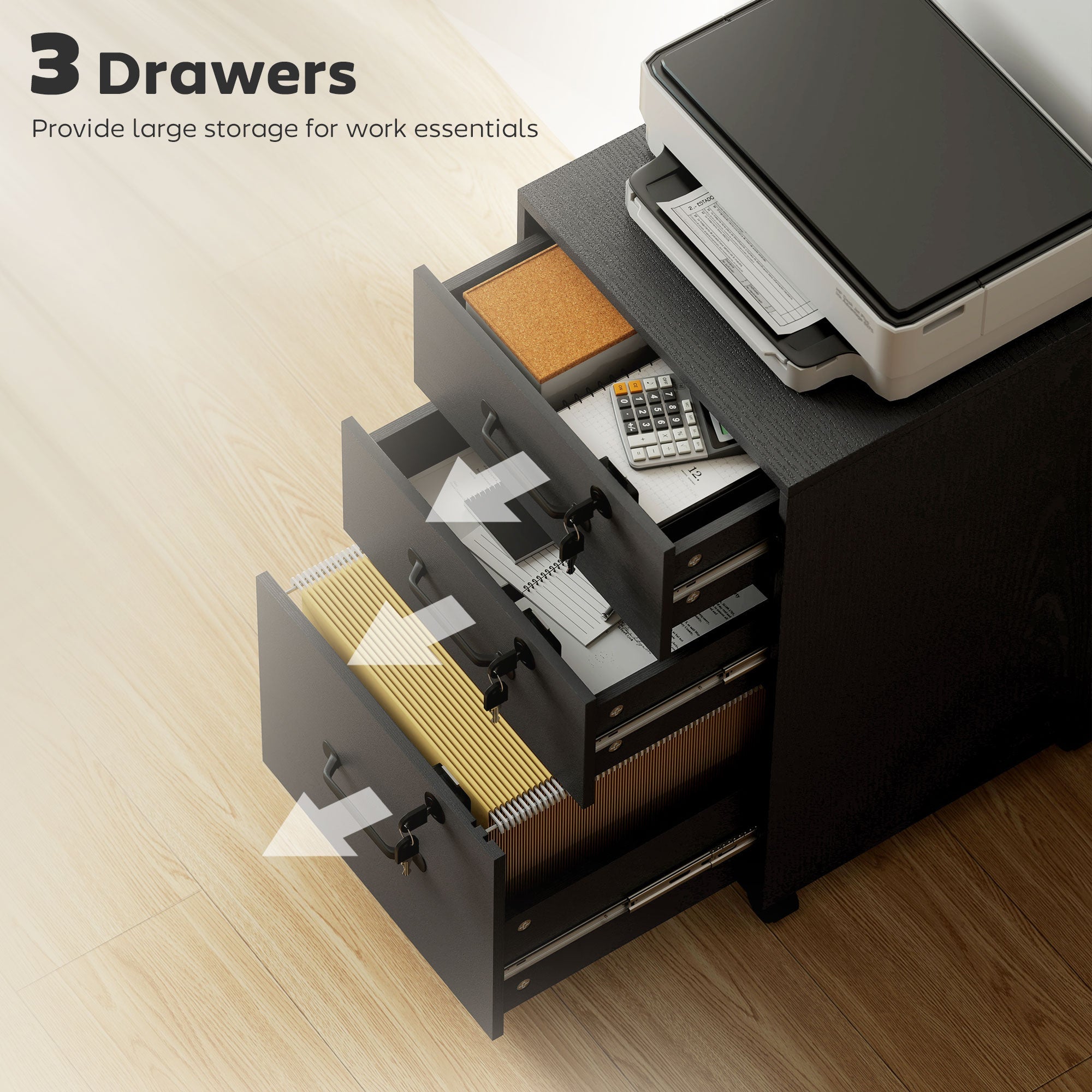 Black HOMCOM three drawer wood-effect filing cabinet with two small file drawers and sleek metal handles for office storage