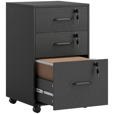 Black homcom filing cabinet with wood-effect finish featuring three file drawers including two small drawers with key lock
