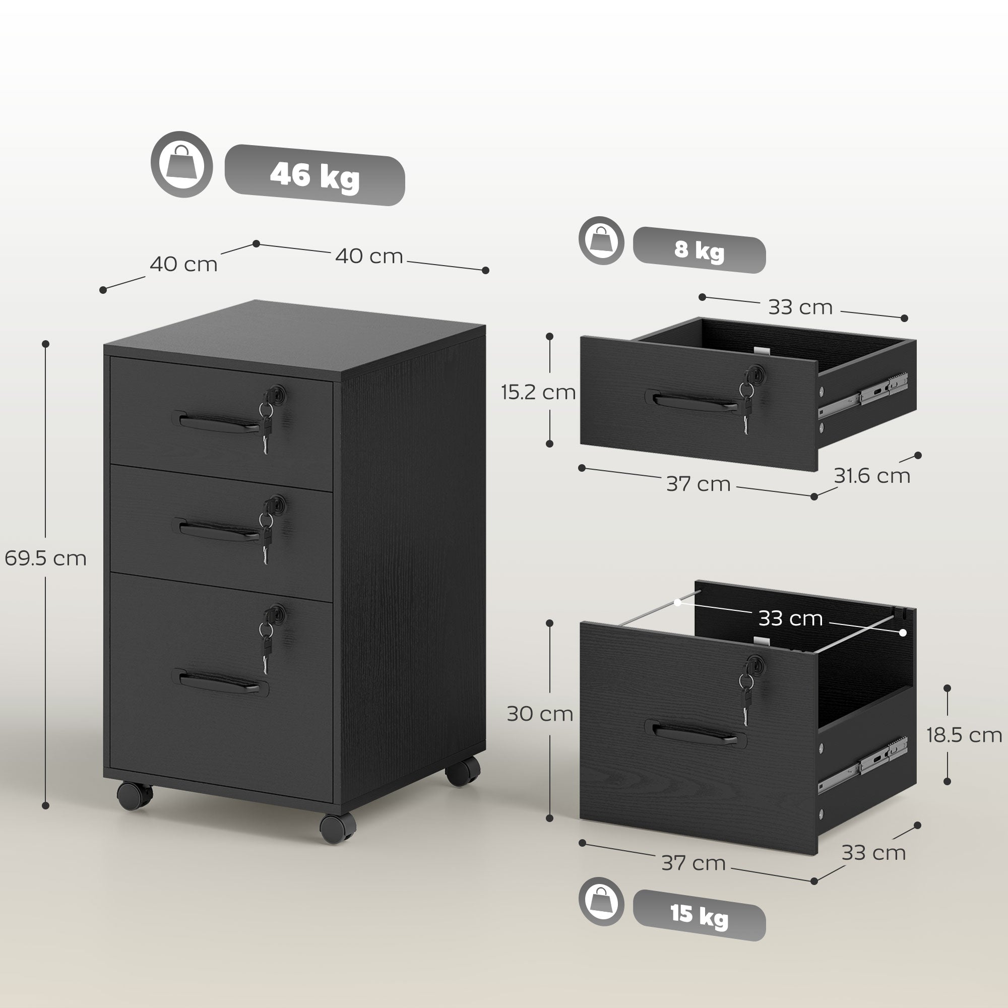 Black homcom three drawer wood-effect filing cabinet with two small file drawers, key lock, and casters for mobility