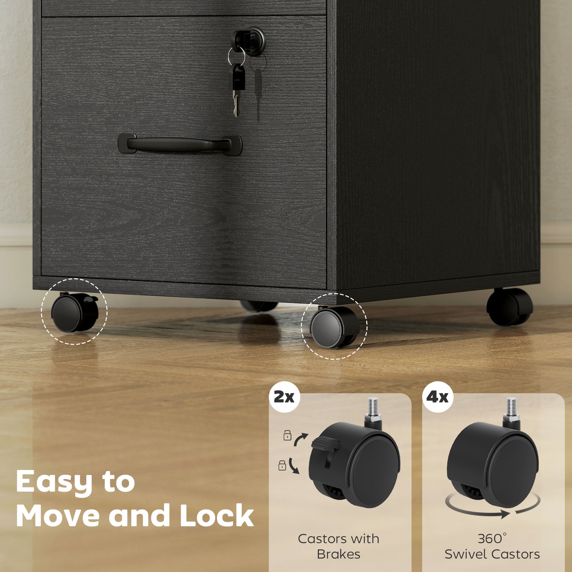 Black homcom two drawer mobile filing cabinet with file drawers swivel casters and brake system wood-effect finish