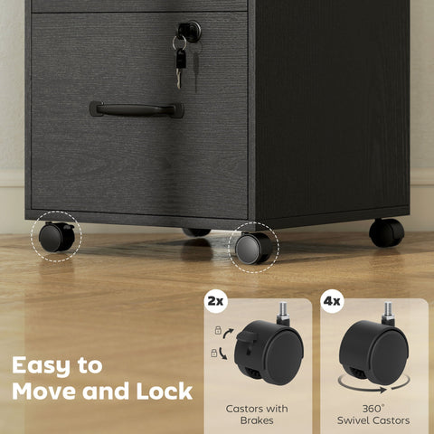 Black homcom two drawer mobile filing cabinet with file drawers swivel casters and brake system wood-effect finish