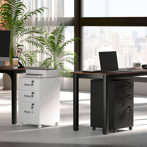 Homcom three drawer wood-effect filing cabinet in black with two small file drawers and casters for easy mobility