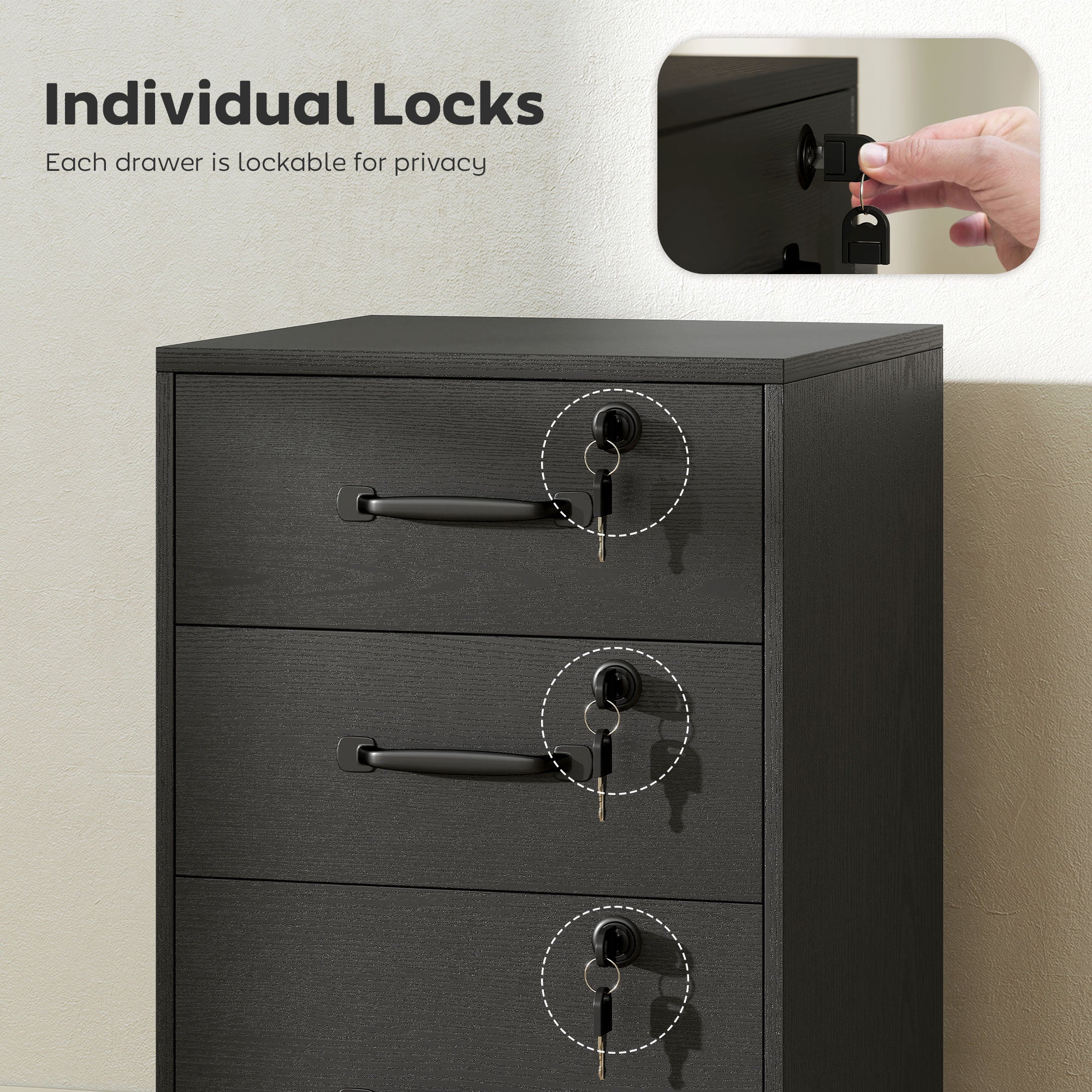 Black metal filing cabinet with three locked file drawers and sleek handles for secure office storage