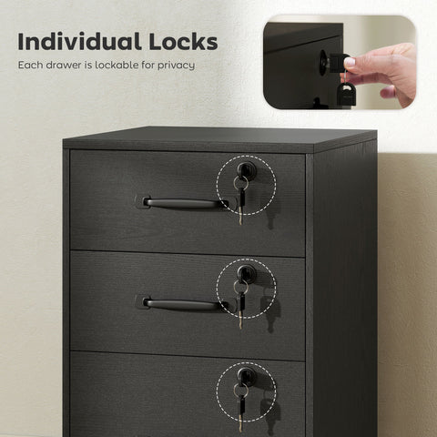 Black metal filing cabinet with three locked file drawers and sleek handles for secure office storage
