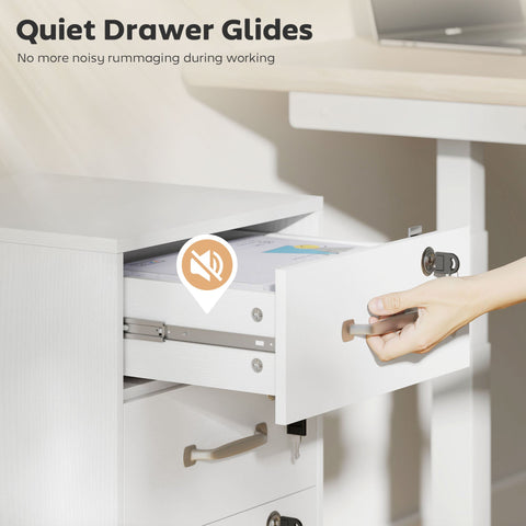 White metal drawer glides on homcom three drawer wood-effect filing cabinet with particle board and two small drawers for quiet use