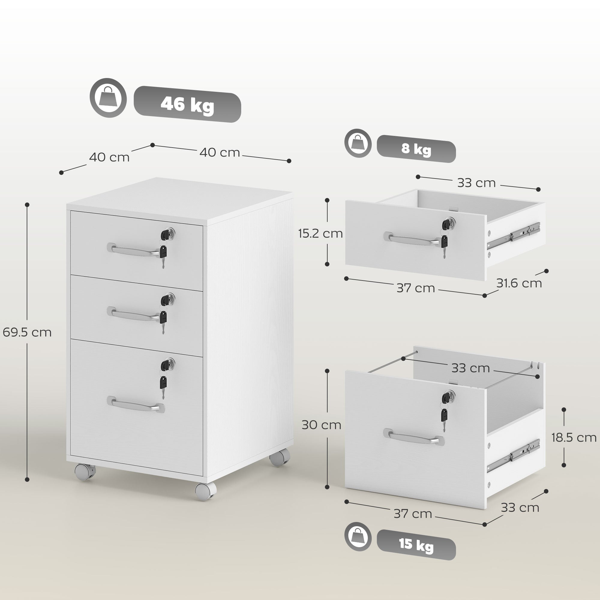 White homcom three drawer filing cabinet with silver handles particle board wood-effect and two small drawers on casters