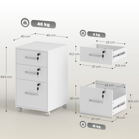 White homcom three drawer filing cabinet with silver handles particle board wood-effect and two small drawers on casters