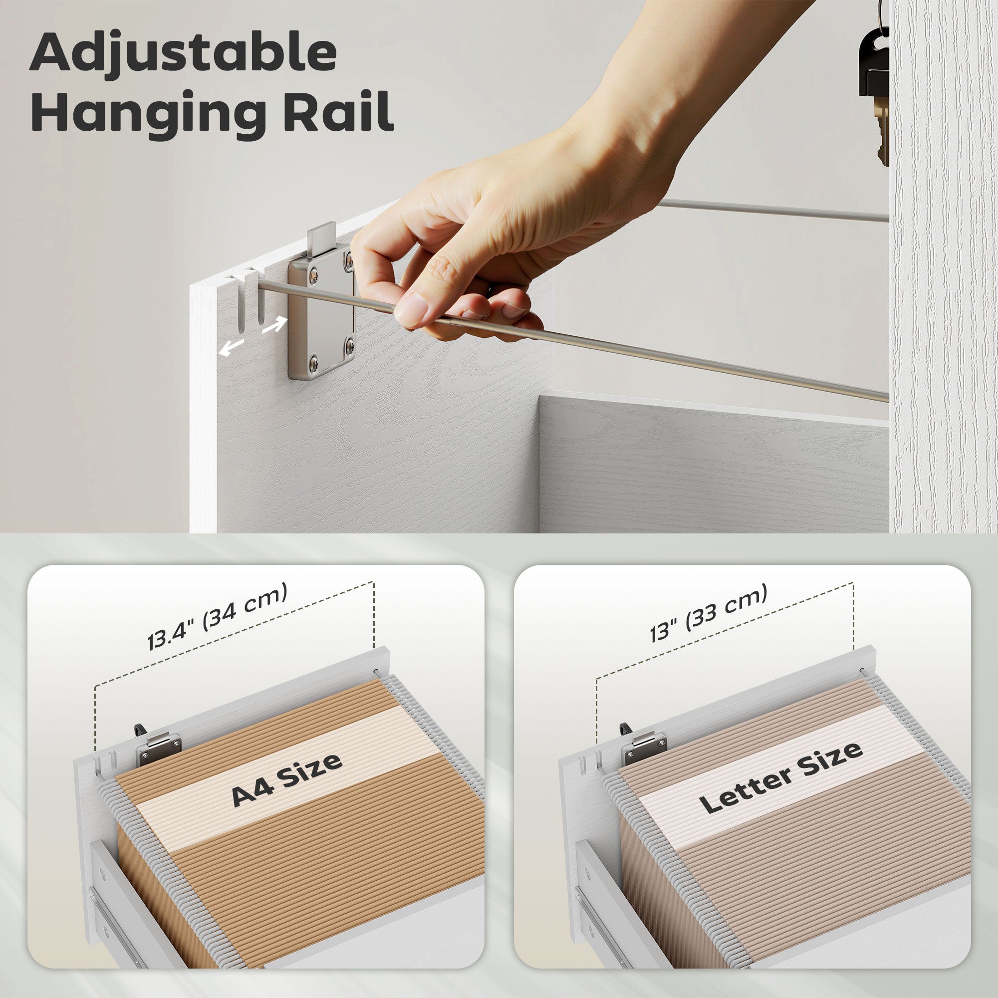 Adjustable hanging rail with metallic finish and brackets for a4 paper in white particle board homcom filing cabinet with two small drawers