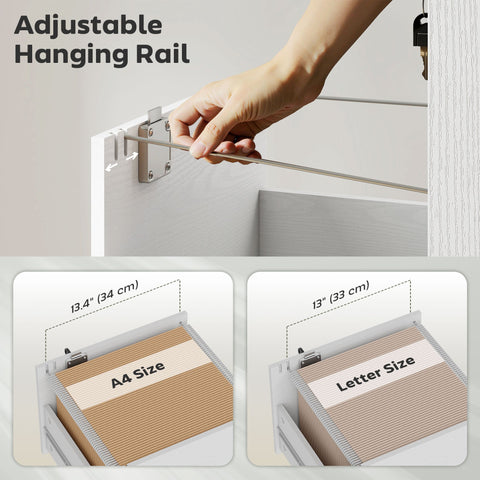 Adjustable hanging rail with metallic finish and brackets for a4 paper in white particle board homcom filing cabinet with two small drawers