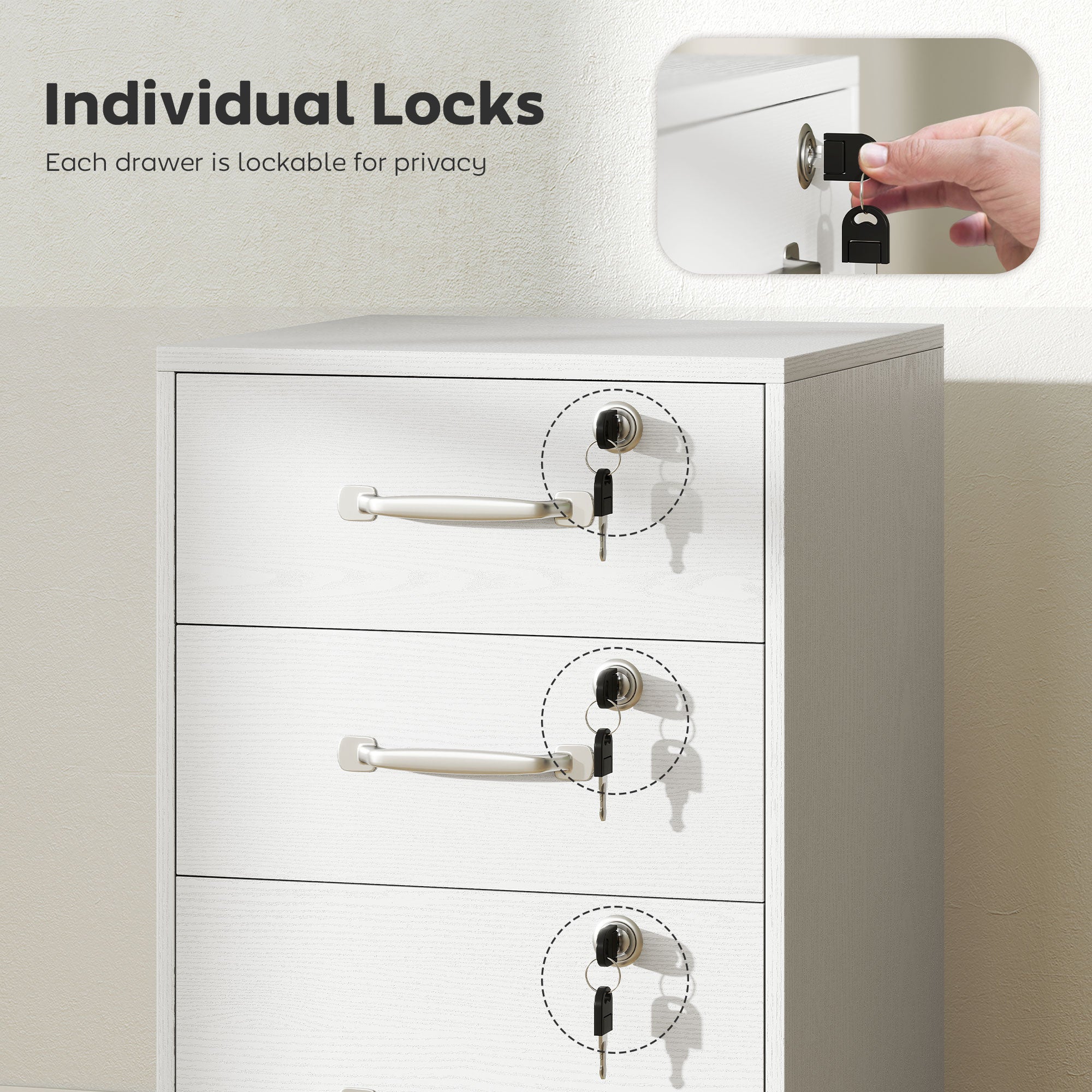 White metal filing cabinet with three lockable drawers and particle board wood-effect finish for office storage
