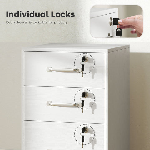 White metal filing cabinet with three lockable drawers and particle board wood-effect finish for office storage