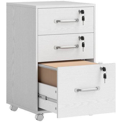 White homcom three drawer wood-effect filing cabinet with particle board, two small drawers, silver handles, and keys