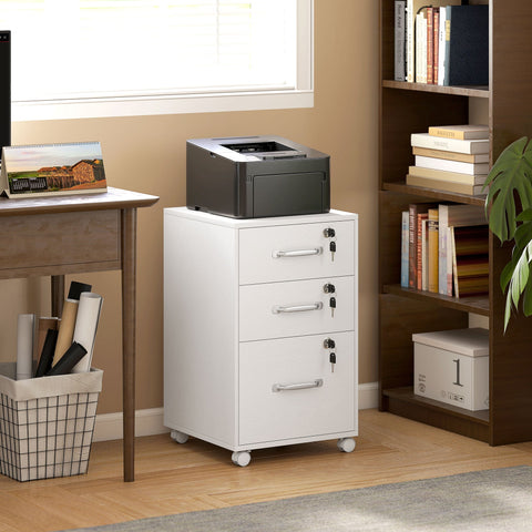 White three drawer mobile filing cabinet with particle board finish silver handles and two small drawers on casters