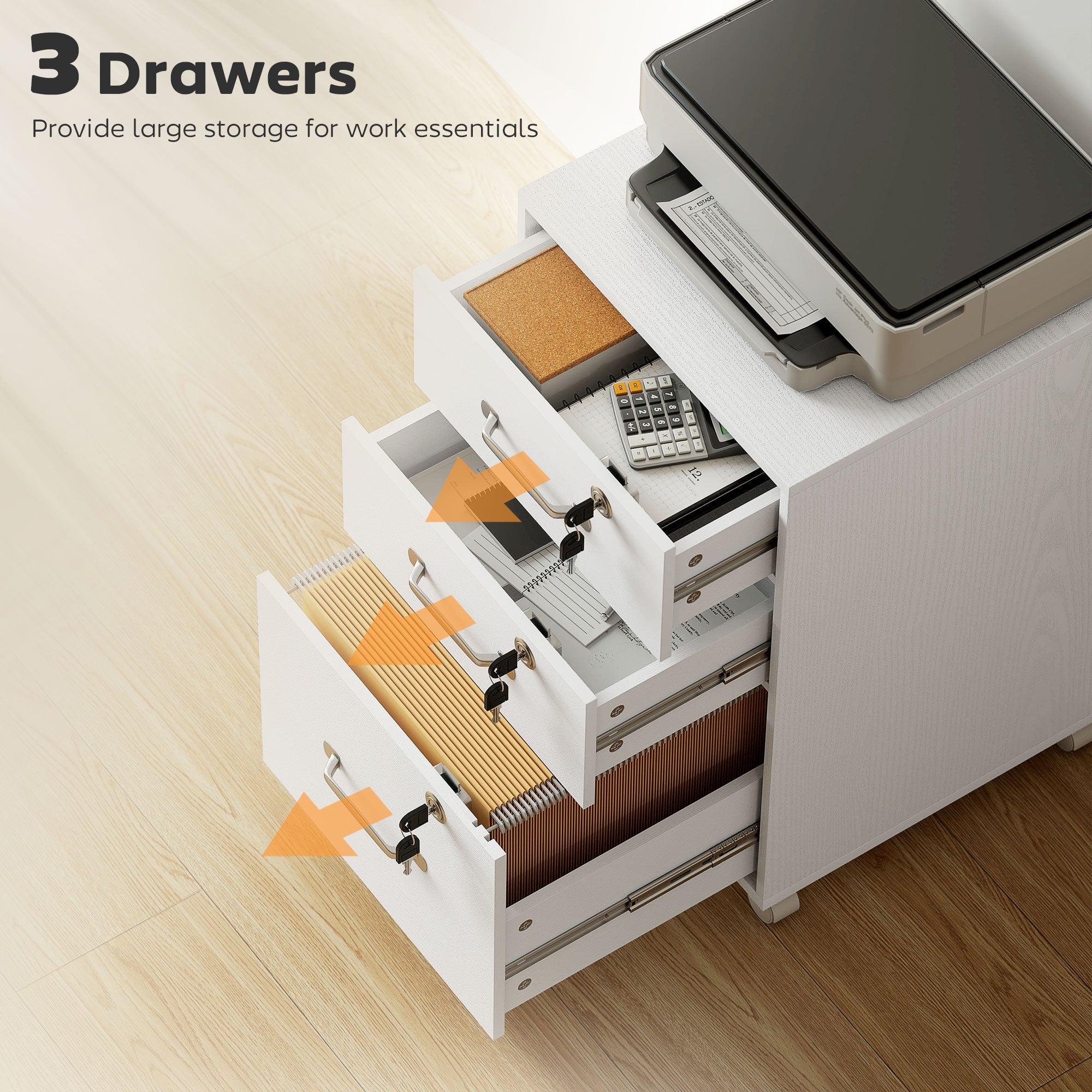 Homcom white filing cabinet with three particle board drawers featuring silver handles and key locks for office use