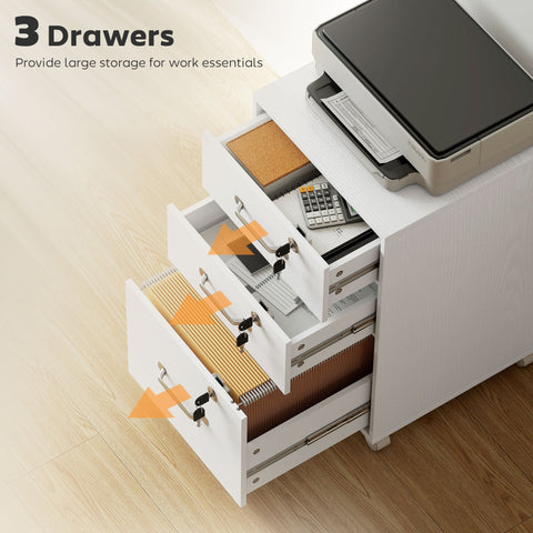 Homcom white filing cabinet with three particle board drawers featuring silver handles and key locks for office use