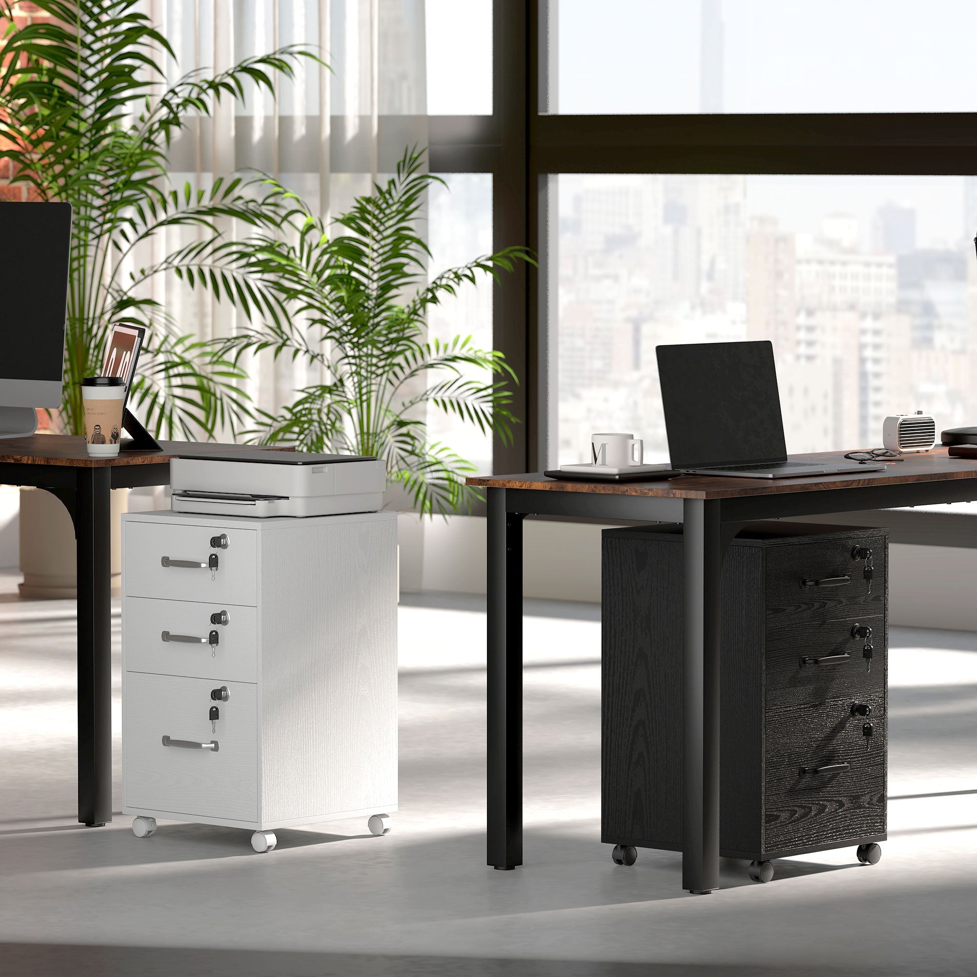 White and black three drawer particle board filing cabinet with silver handles two small drawers and casters by HOMCOM