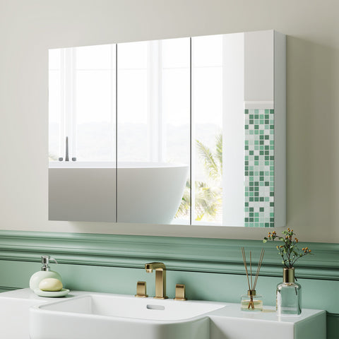 White three-door mirrored bathroom cabinet with sleek design featuring three mirrored doors for stylish storage