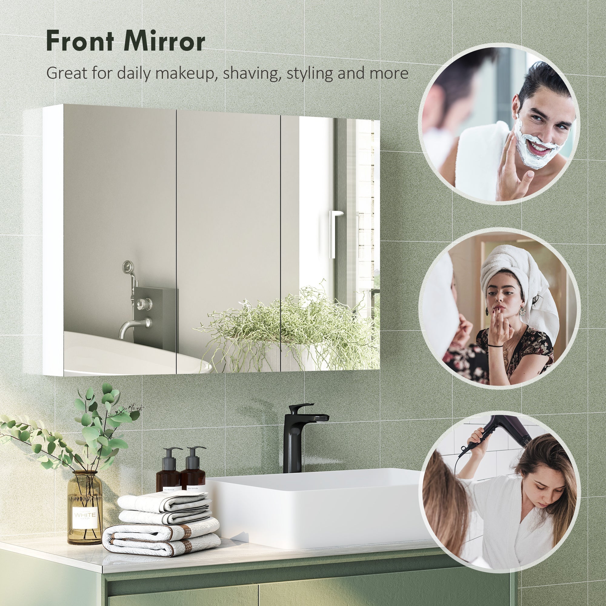 White homcom three-door medicine cabinet with three mirrored doors for bathroom storage and organization