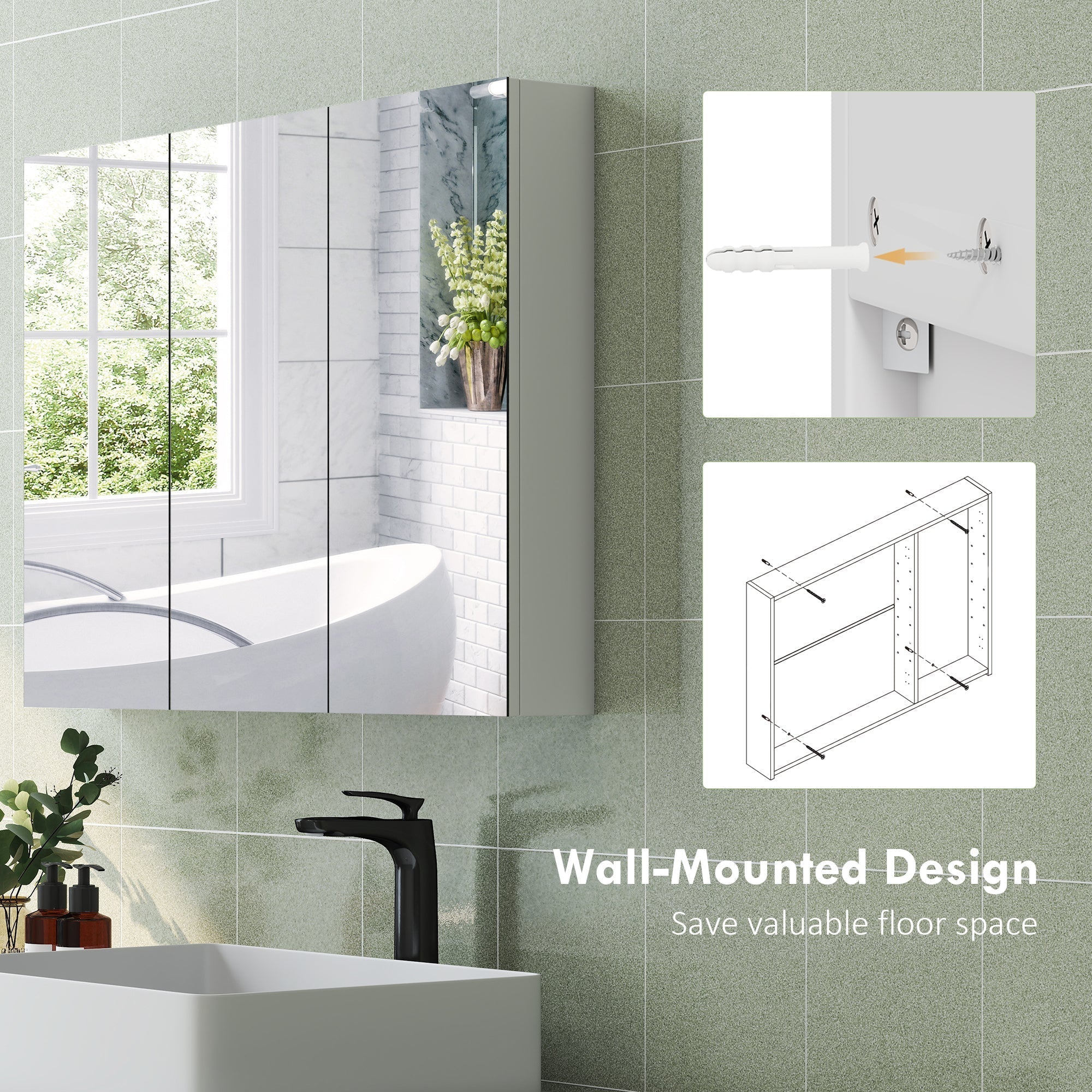 Modern white wall-mounted medicine cabinet with three mirrored doors and internal shelving for bathroom storage