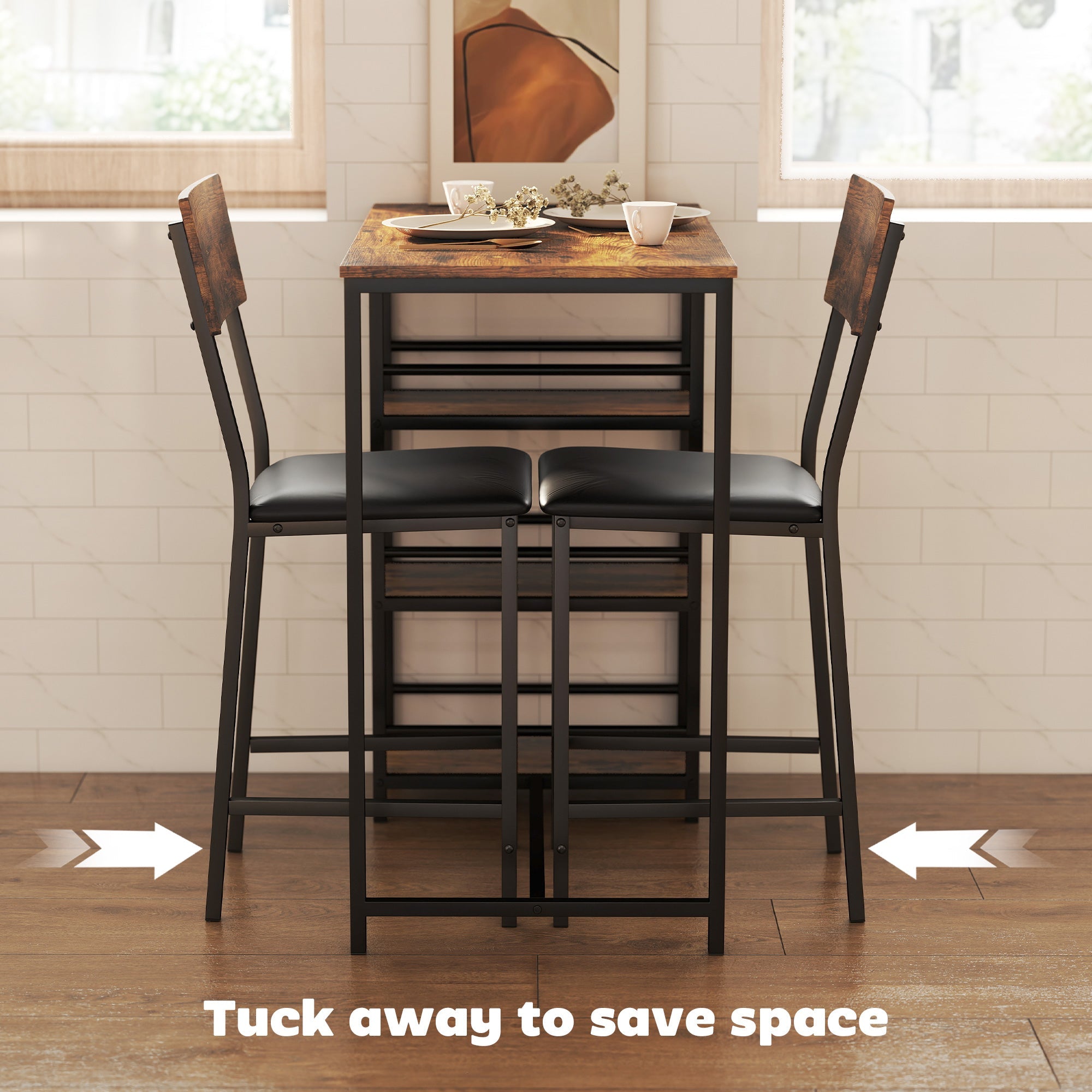 Homcom three-piece compact bar table set with black metal frame and rustic wood top saves space with two matching stools