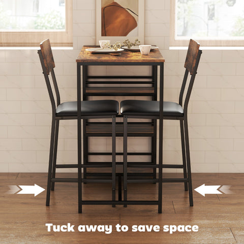 Homcom three-piece compact bar table set with black metal frame and rustic wood top saves space with two matching stools