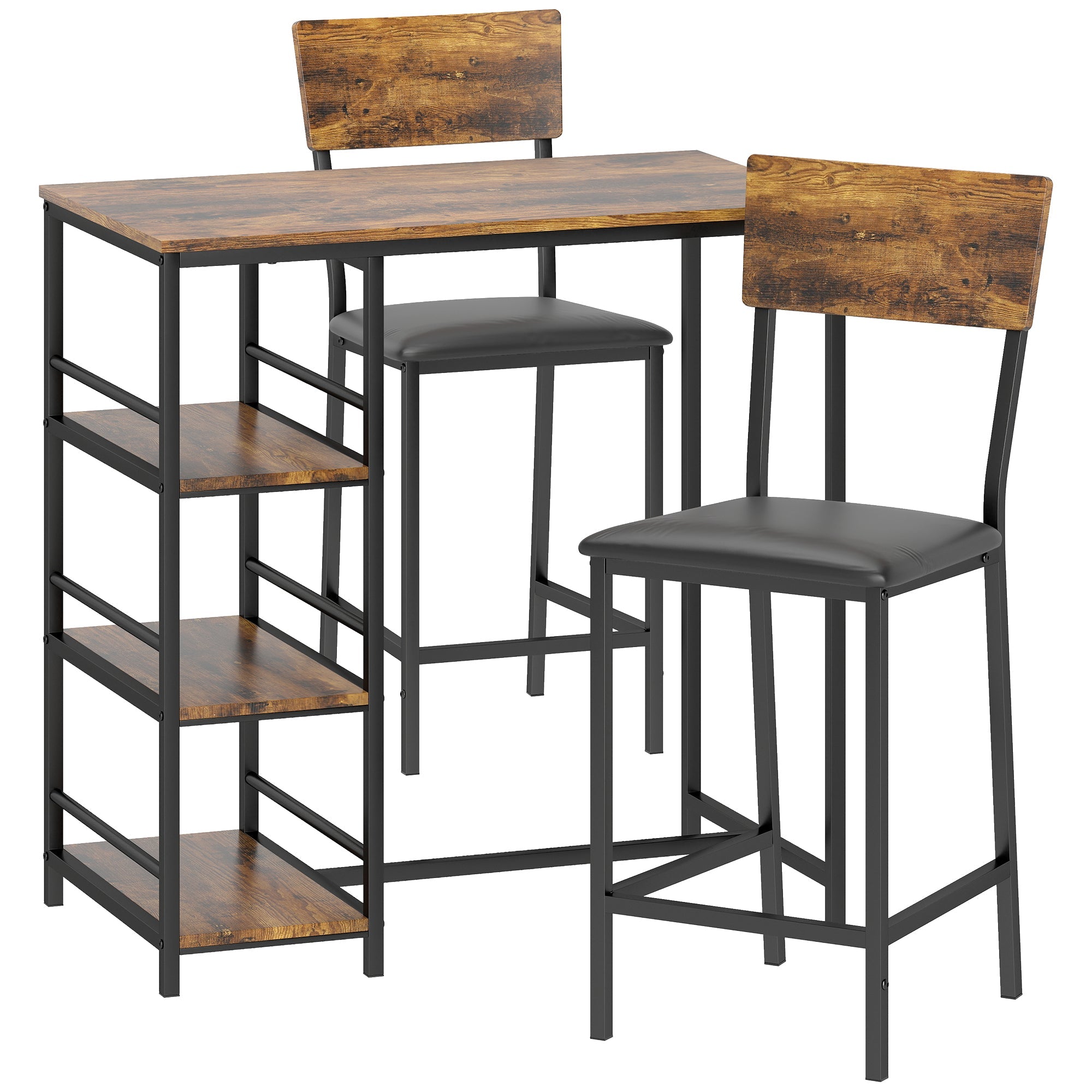 Rustic wood-top bar table with black metal frame and three shelves paired with two stools to save space