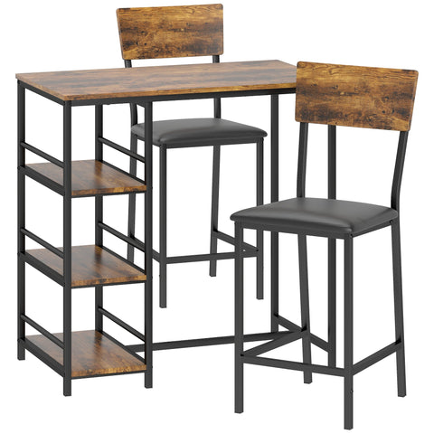 Rustic wood-top bar table with black metal frame and three shelves paired with two stools to save space