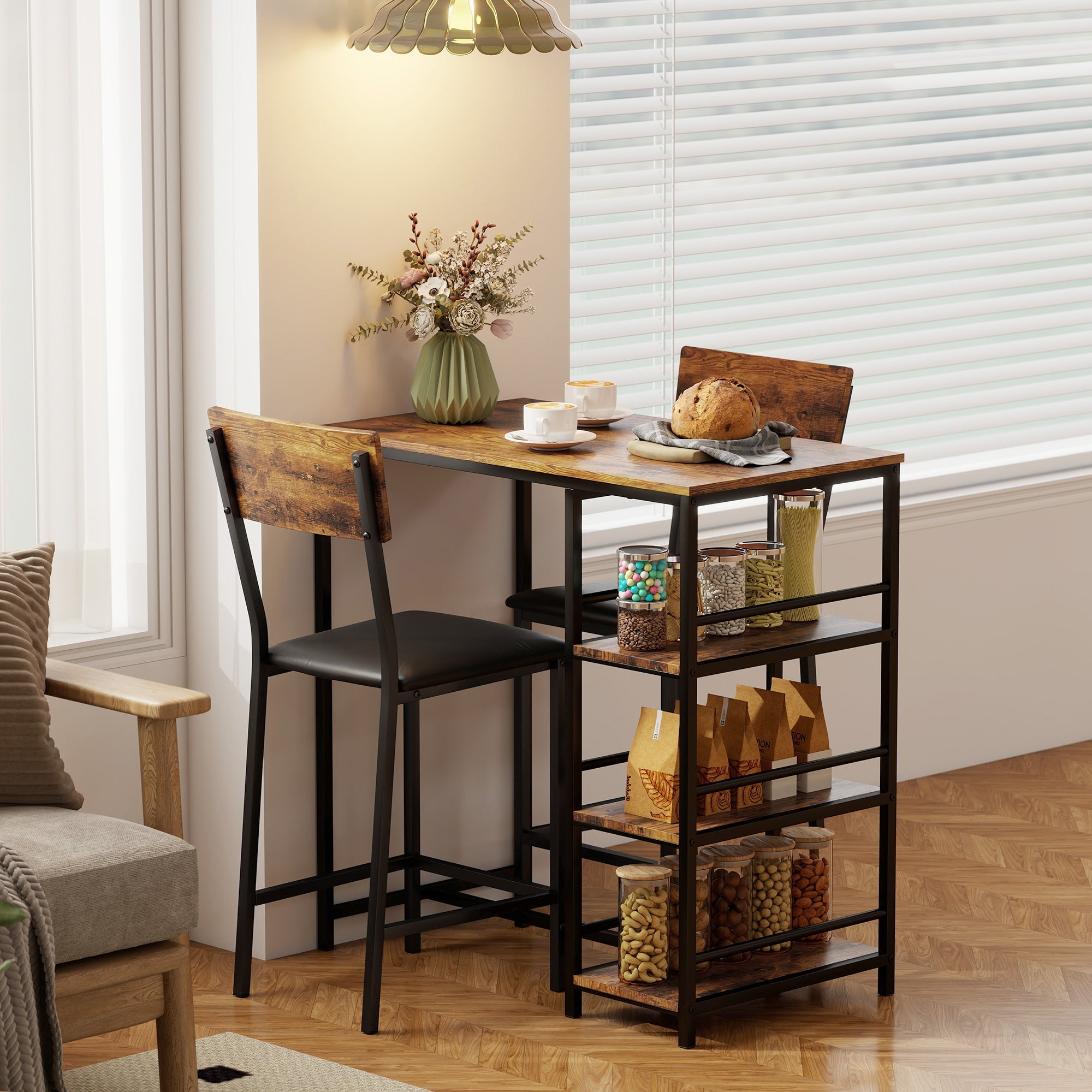 Rustic wooden tabletop bar table with black metal frame and shelves featuring a green vase to save space