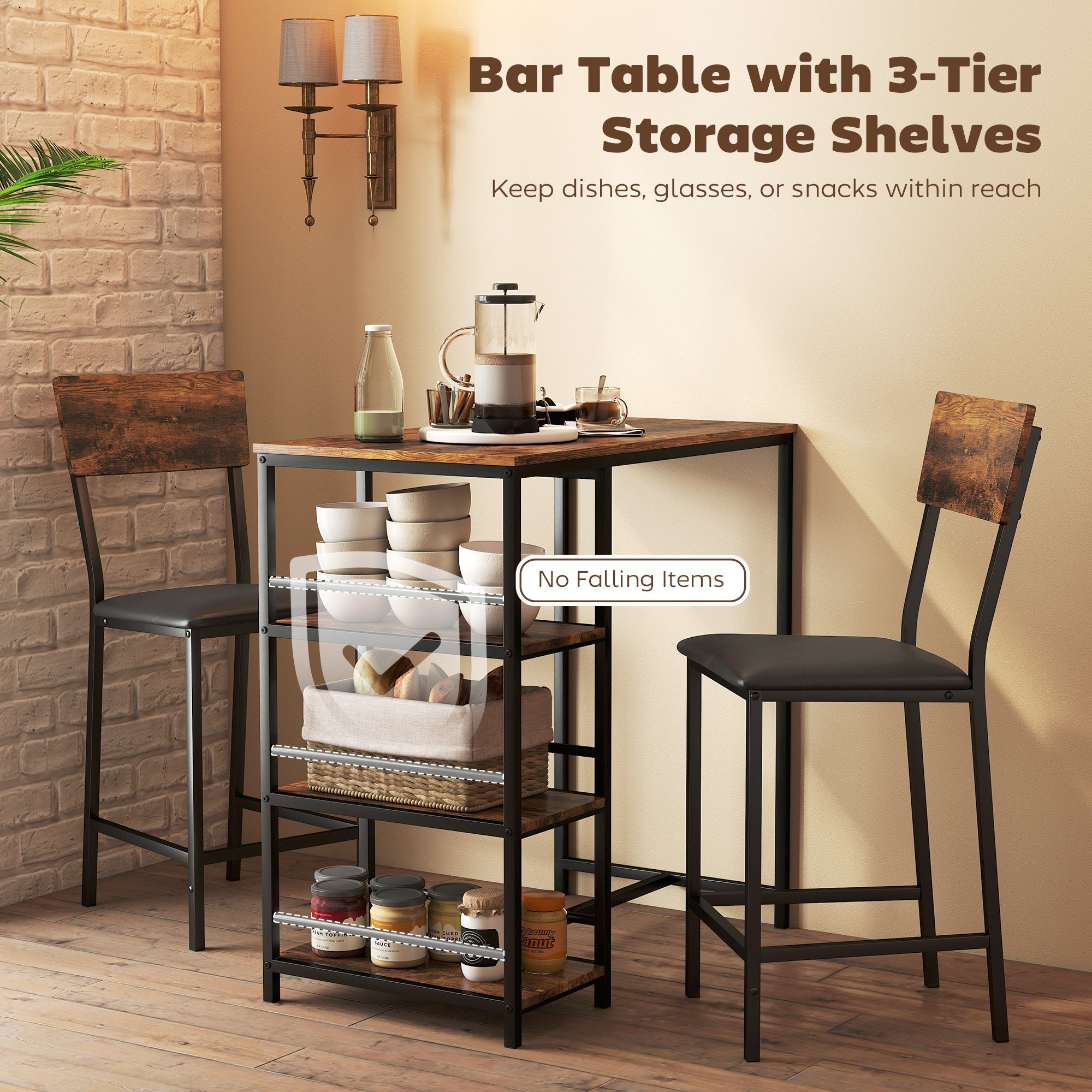 Black metal bar table with three-tier storage shelves and rustic wood top to save space in compact areas