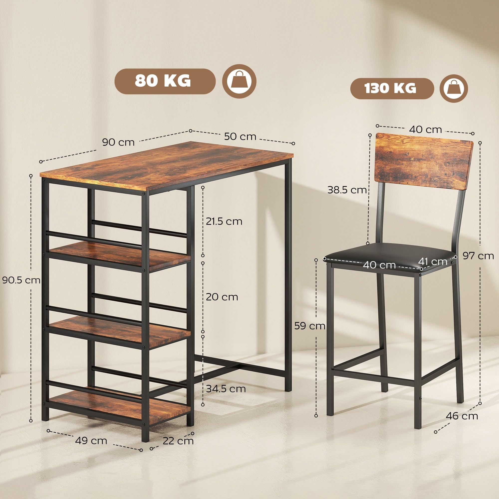 Industrial-style homcom bar table with rustic wood top black metal frame and four adjustable shelves to save space