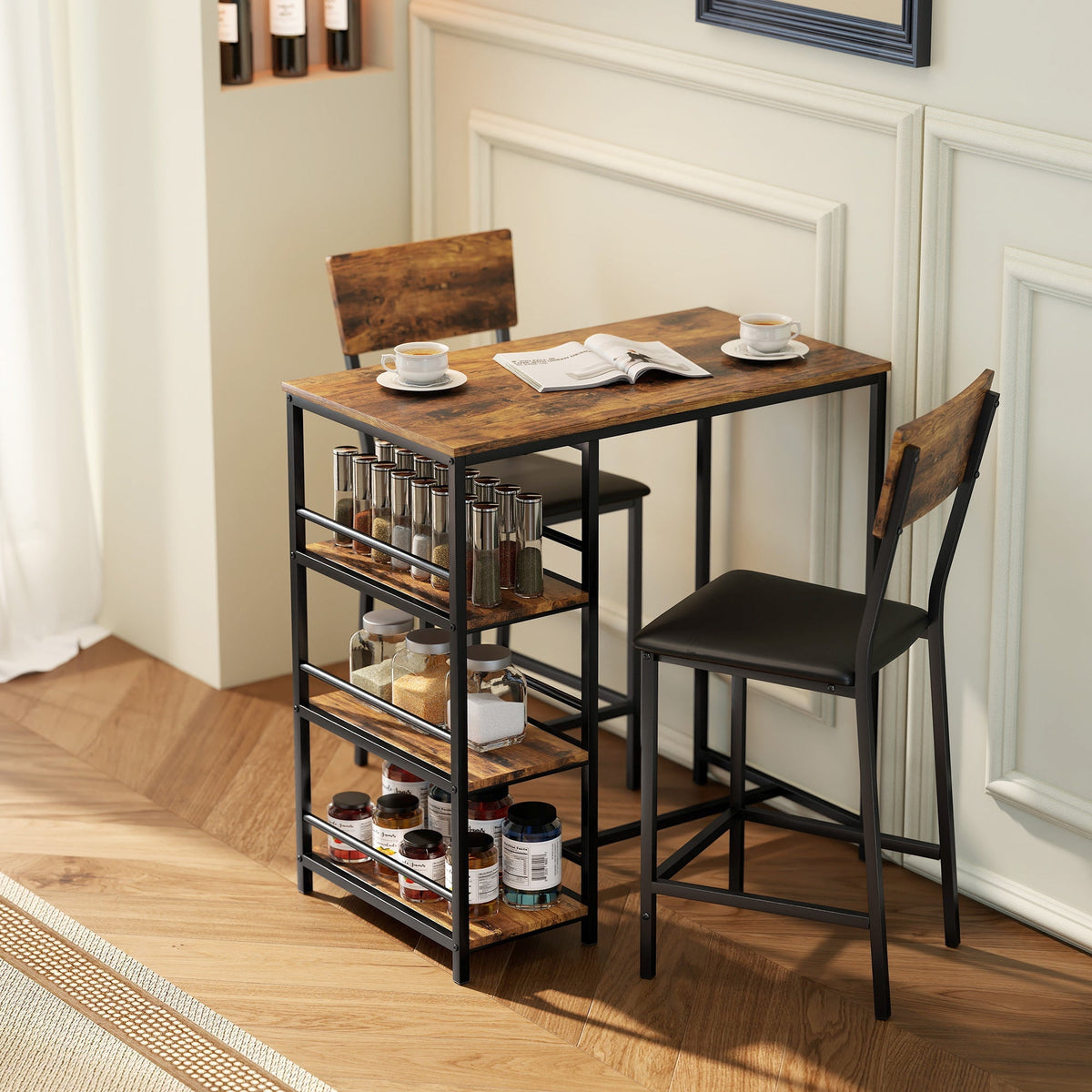 Rustic brown wooden bar table with black metal frame and three shelves holding spice jars with two matching stools to save space