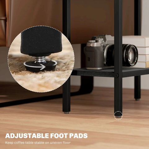 Black handy adjustable feet with rubber base and metallic spring for stability on the homcom three shelf industrial side table